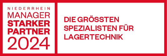 Roter Text: Niederrhein Manager, Starker Partner 2024. Die größten Spezialisten für Lagertechnik.