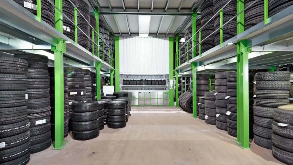 In einem Reifenlager mit grünen Regal-Säulen sind auf 2 Ebenen Reifen gestapelt eingelagert